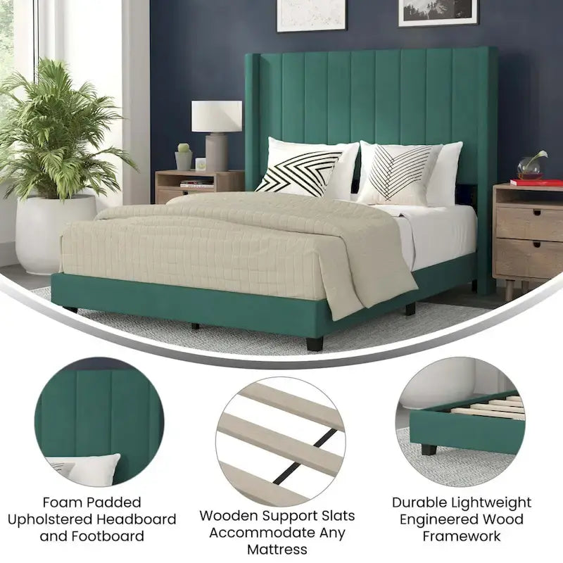 Upholstered Platform Bed with Wingback Headboard