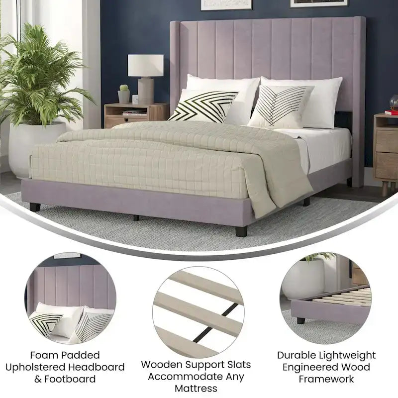 Upholstered Platform Bed with Wingback Headboard