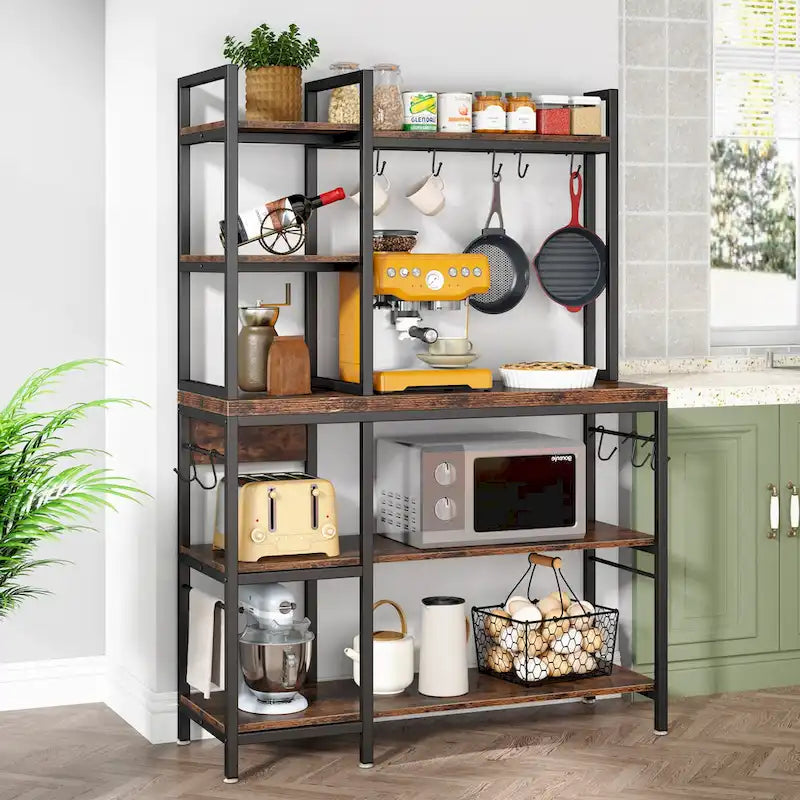 43 inch Kitchen Bakers Rack with Microwave Stand 5-Tier Kitchen Utility Storage Shelf Rack and10 Hooks for Kitchen Living Room