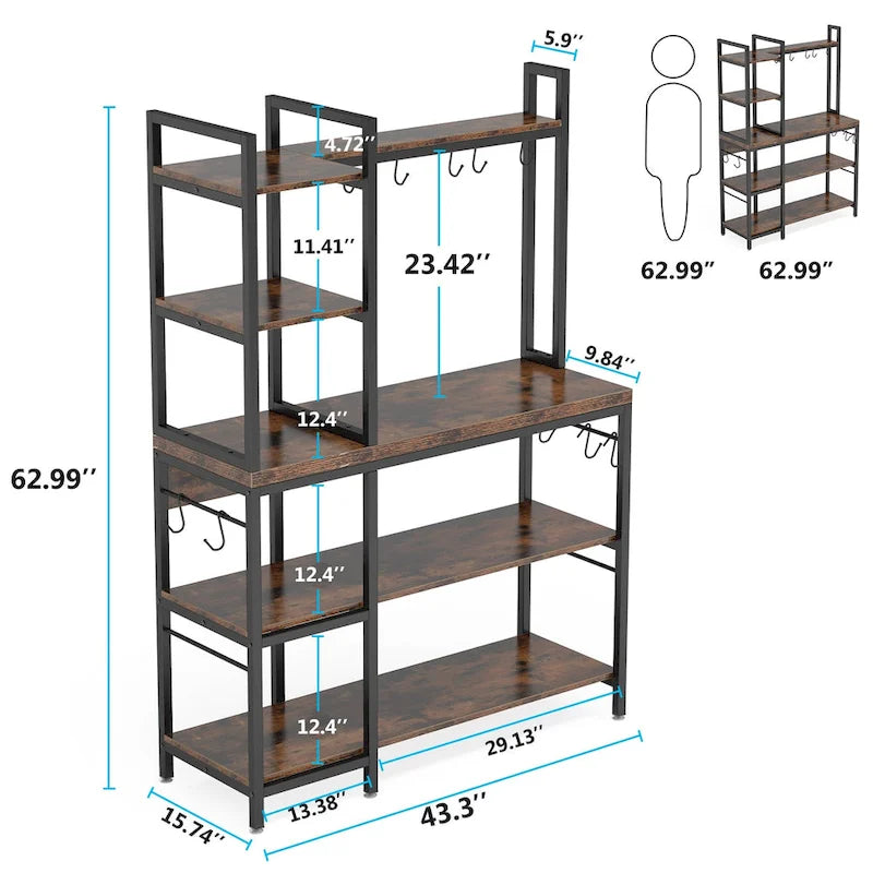 43 inch Kitchen Bakers Rack with Microwave Stand 5-Tier Kitchen Utility Storage Shelf Rack and10 Hooks for Kitchen Living Room
