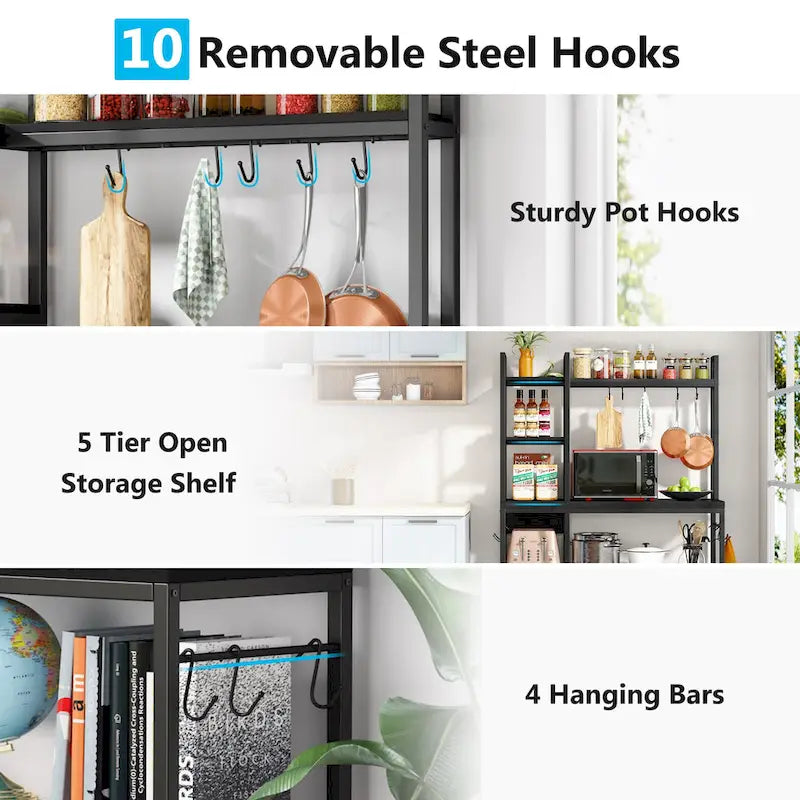 43 inch Kitchen Bakers Rack with Microwave Stand 5-Tier Kitchen Utility Storage Shelf Rack and10 Hooks for Kitchen Living Room