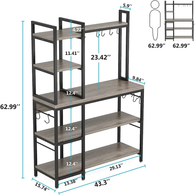 43 inch Kitchen Bakers Rack with Microwave Stand 5-Tier Kitchen Utility Storage Shelf Rack and10 Hooks for Kitchen Living Room