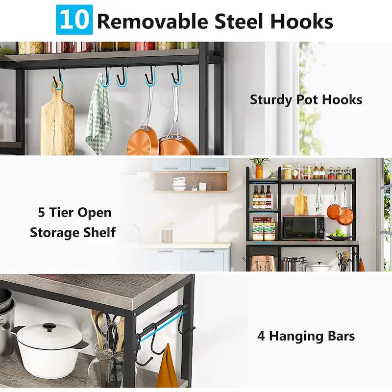 43 inch Kitchen Bakers Rack with Microwave Stand 5-Tier Kitchen Utility Storage Shelf Rack and10 Hooks for Kitchen Living Room