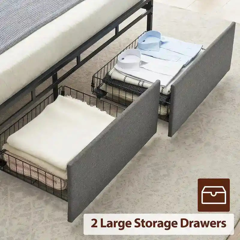 Vintage Upholstered Platform Bed Frame with Storage Drawers