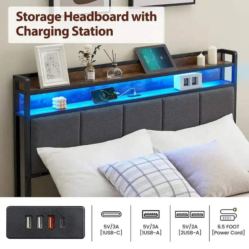 Vintage Upholstered Platform Bed Frame with Storage Drawers