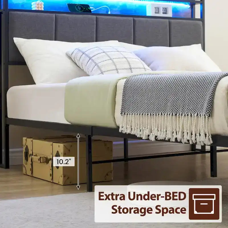 Vintage Upholstered Platform Bed Frame with Storage Drawers