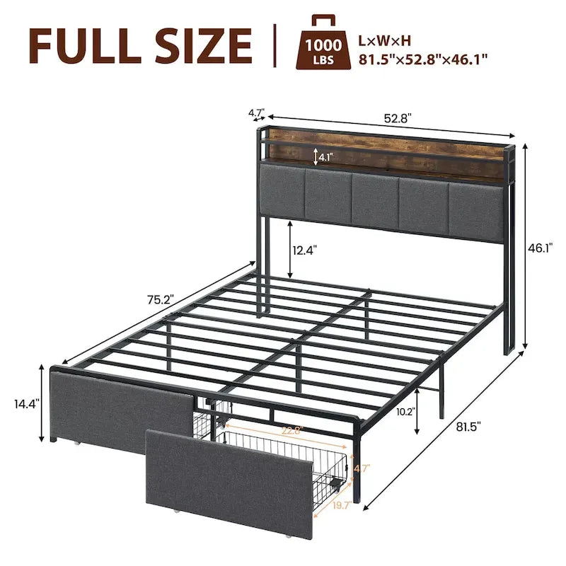 Vintage Upholstered Platform Bed Frame with Storage Drawers