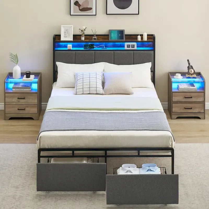 Vintage Upholstered Platform Bed Frame with Storage Drawers