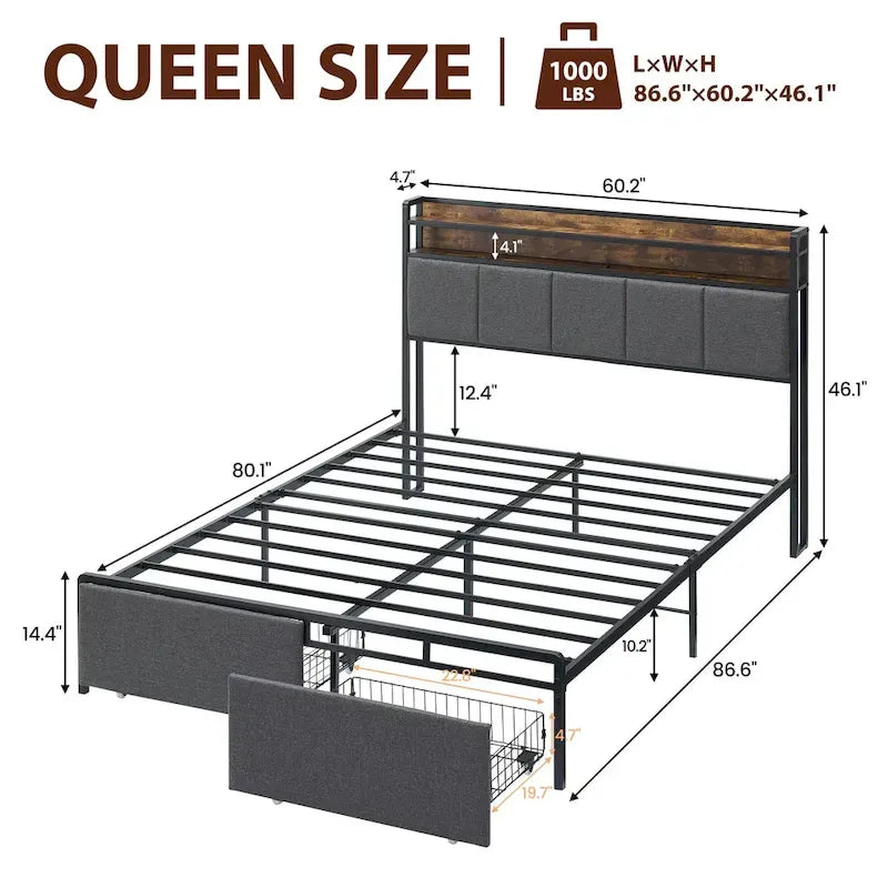 Vintage Upholstered Platform Bed Frame with Storage Drawers