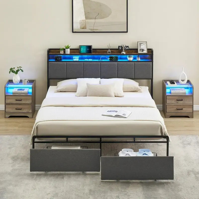 Vintage Upholstered Platform Bed Frame with Storage Drawers