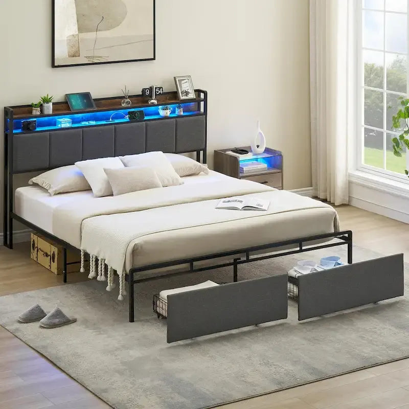 Vintage Upholstered Platform Bed Frame with Storage Drawers