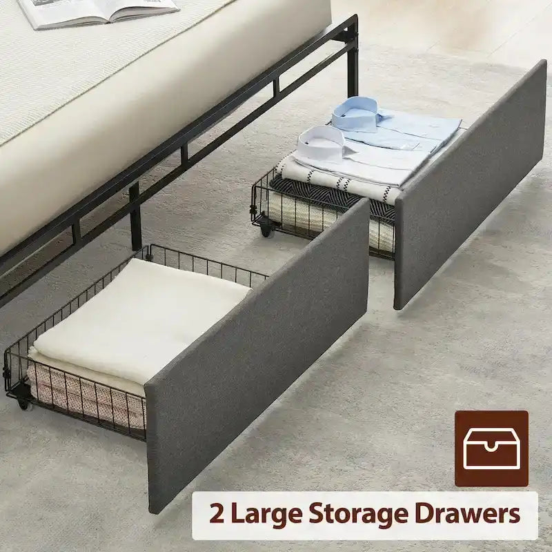 Vintage Upholstered Platform Bed Frame with Storage Drawers