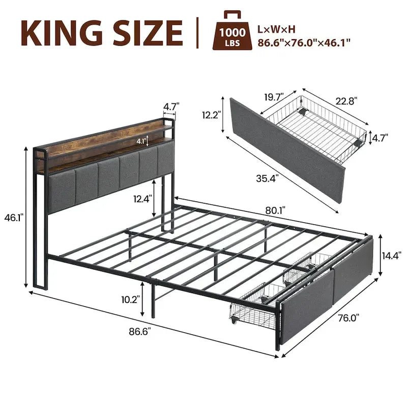 Vintage Upholstered Platform Bed Frame with Storage Drawers