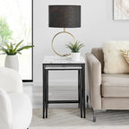 Modern Square Marble Finish Veneer Top Black Metal Frame Nesting End Tables - Set of 2
