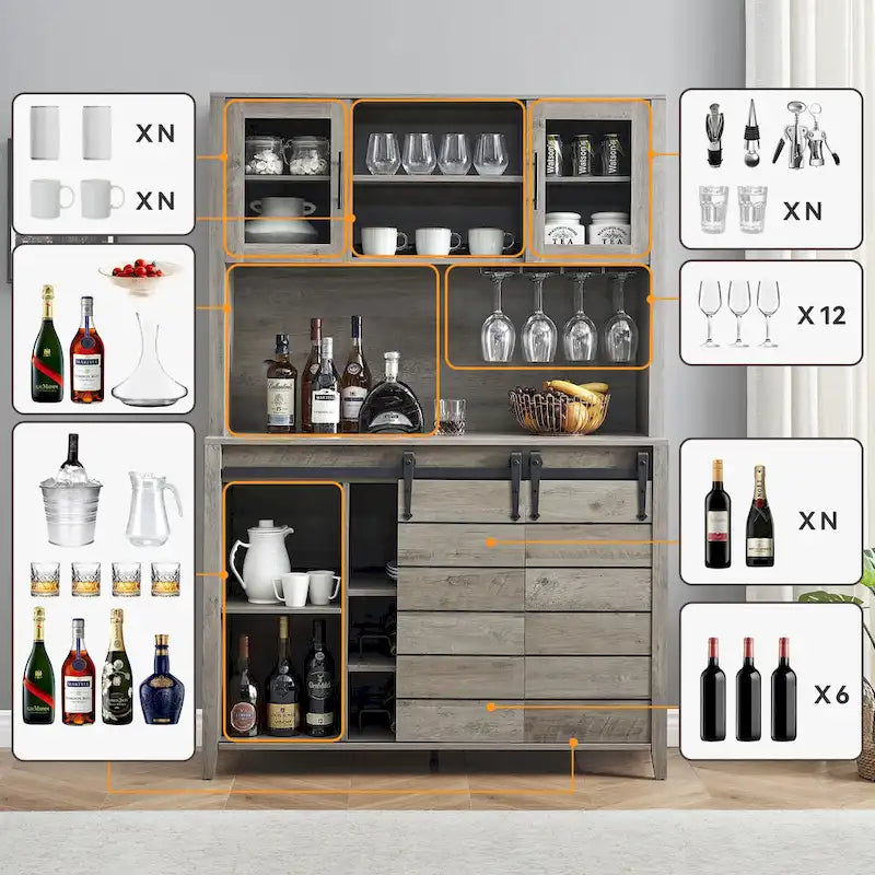 Farmhouse Wine Cabinet Kitchen Buffet with Wine Rack - 15.7D x 47.2W x 69.6H