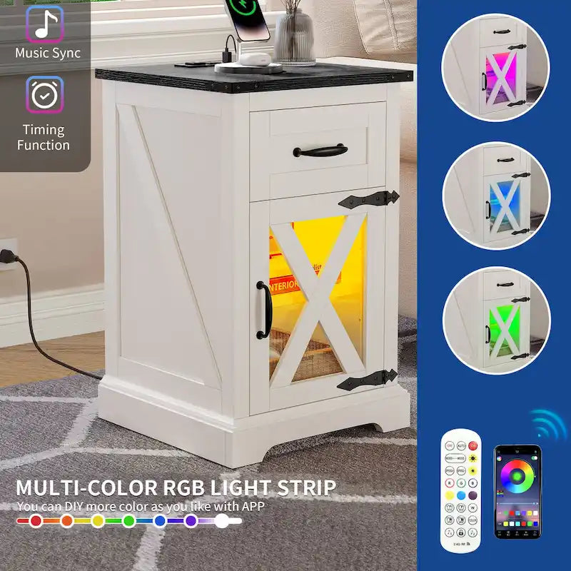 Moasis LED End Table with Shelf and Drawer, Side Table with Charging Station Power Outlet