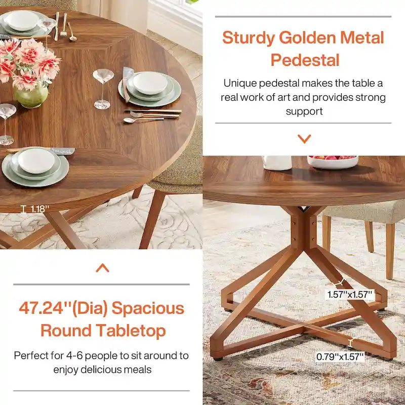 47 Inch Round Dining Table with Metal Pedestal Base for 4-6 People