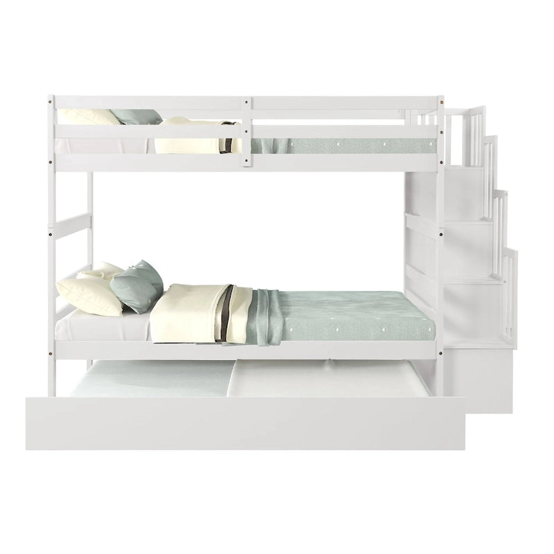 Twin over Twin Bunk Beds With Twin Trundle and Stairway Storage Function in Grey Color