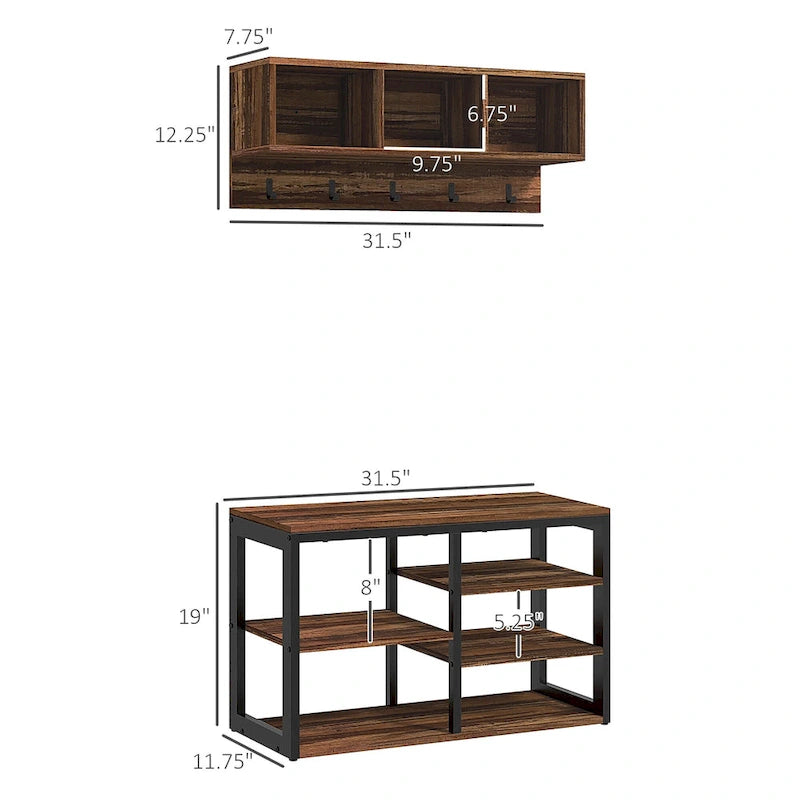 HOMCOM 2-in-1 Coat Rack Shoe Bench Set, 5-Hook Hall Tree with Bench and Shoe Storage