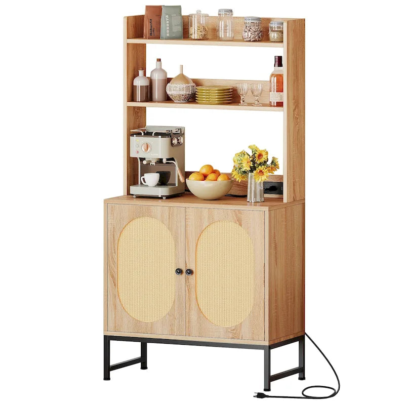 Moasis 2-Door Rattan Cabinet Baker's Rack with Power Outlets and USB Ports