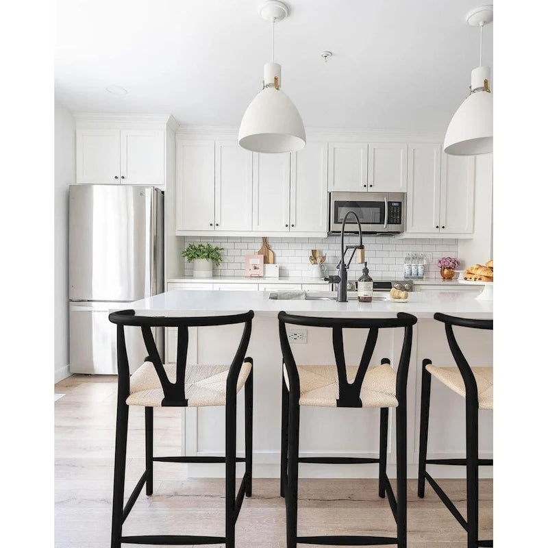 Solid Wood Countertop Height Barstool with Open Y Back Farmhouse Woven Organic Natural Chair For Kitchen Designer - N/A