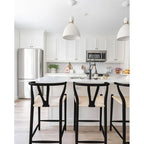 Solid Wood Countertop Height Barstool with Open Y Back Farmhouse Woven Organic Natural Chair For Kitchen Designer - N/A