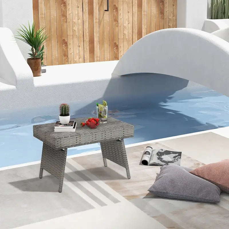 Costway Patio Folding Rattan Wicker Side Table End Coffee Table - 24  x 16  x 16  (L x W x H)