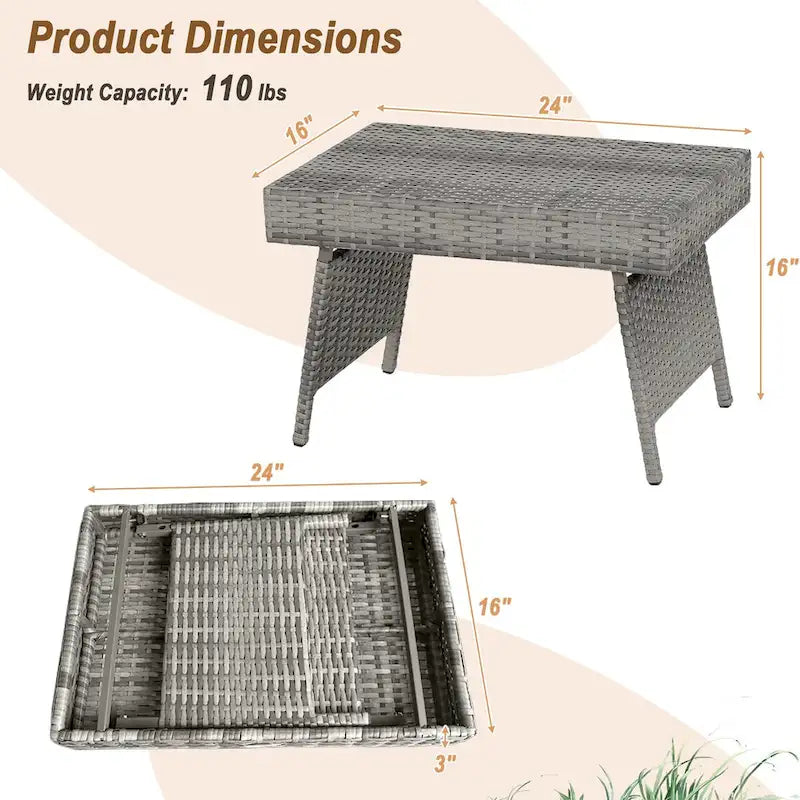 Costway Patio Folding Rattan Wicker Side Table End Coffee Table - 24  x 16  x 16  (L x W x H)