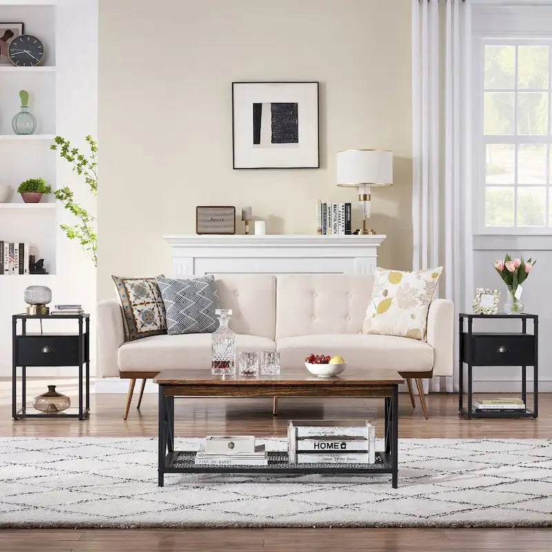 VECELO (Set of 2) Modern 1-Drawer Nightstand with 2-tier Glass Shelves