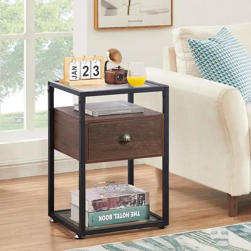 VECELO (Set of 2) Modern 1-Drawer Nightstand with 2-tier Glass Shelves