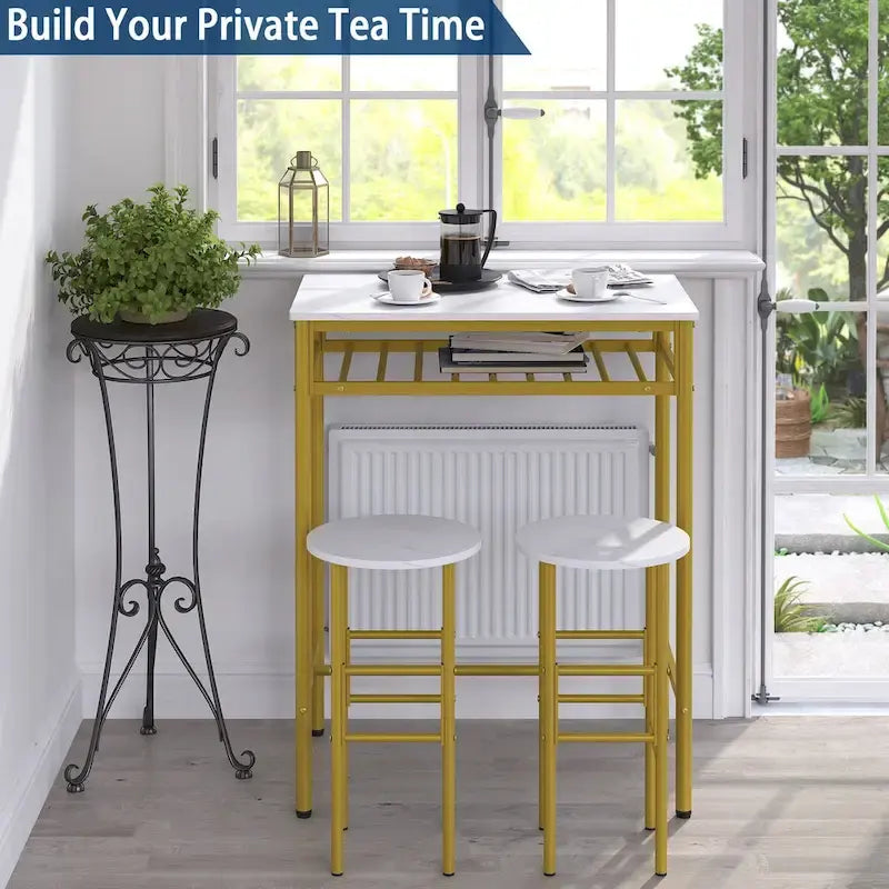 Elephance Industrial 3-Piece Bar Table Set, Counter Height Dining Table Set,Bistro Table with 2 Stools and Open Storage Rack