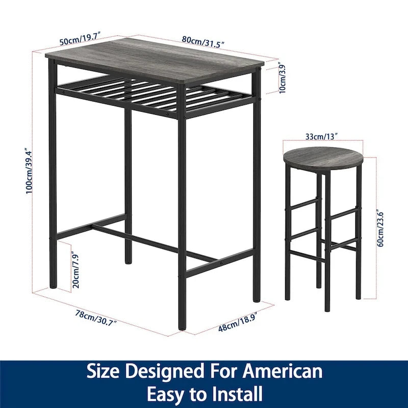 Elephance Industrial 3-Piece Bar Table Set, Counter Height Dining Table Set,Bistro Table with 2 Stools and Open Storage Rack
