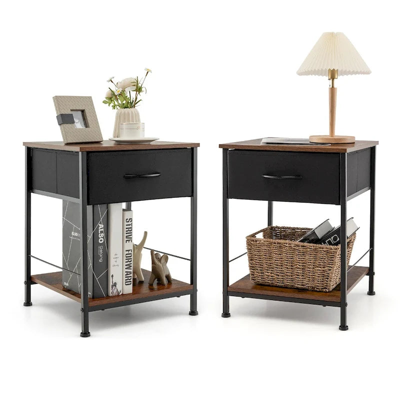 Costway 2 PCS 2-tier Nightstand Bedside End Sofa Table with Drawer - 16  x 16  x 21  (L x W x H)