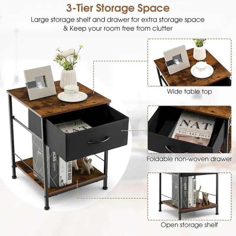 Costway 2 PCS 2-tier Nightstand Bedside End Sofa Table with Drawer - 16  x 16  x 21  (L x W x H)