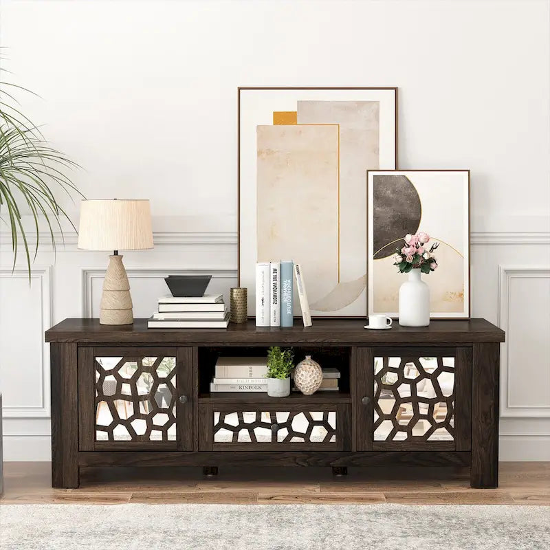 Gymax 55 Retro TV Stand Media Entertainment Center w/ Mirror Doors &