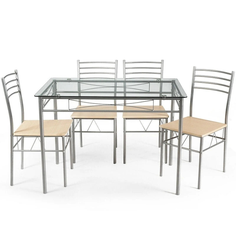 5 pcs Dining Set Glass Table and 4 Chairs