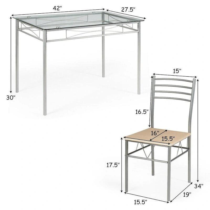 5 pcs Dining Set Glass Table and 4 Chairs