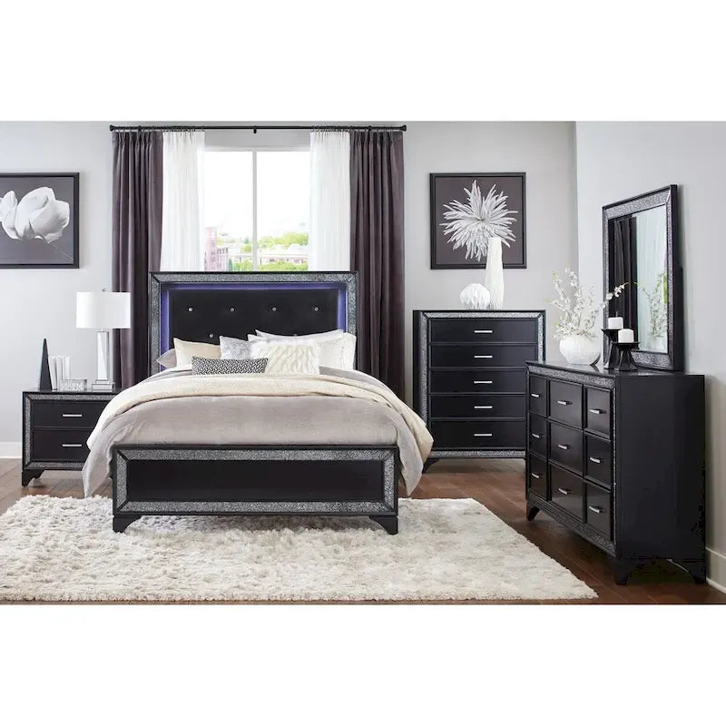 Fey Black LED Faux Leather Upholstered Tufted Bed