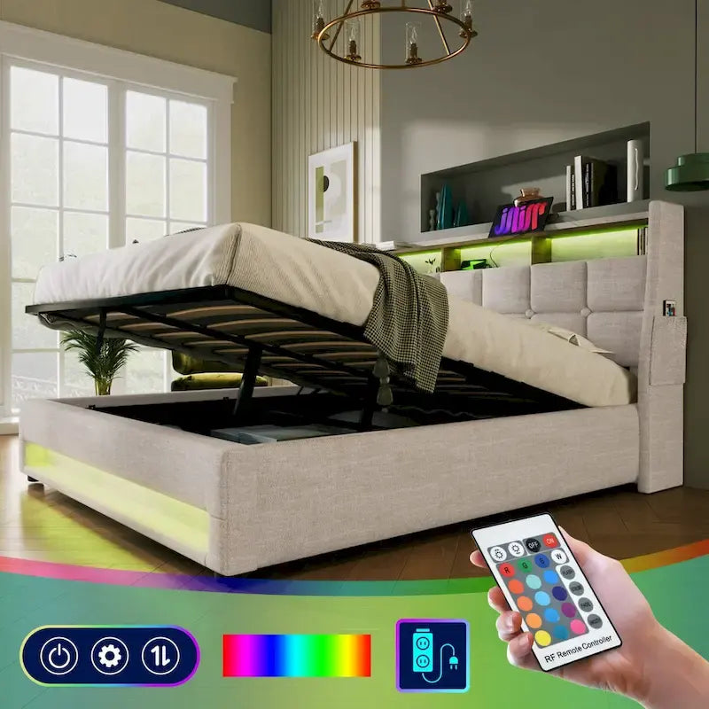 Queen/Full Size Upholstered Platform bed with a Hydraulic Storage System, LED and USB Charging