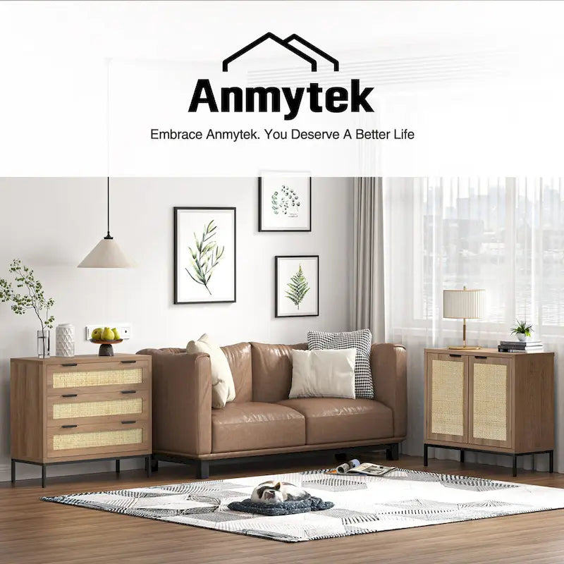 Anmytek Modern 3-Drawer Brown Dresser Rattan Chest of Drawers Storage Cabinet for Bedroom