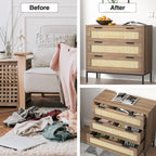 Anmytek Modern 3-Drawer Brown Dresser Rattan Chest of Drawers Storage Cabinet for Bedroom