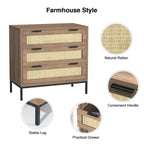 Anmytek Modern 3-Drawer Brown Dresser Rattan Chest of Drawers Storage Cabinet for Bedroom