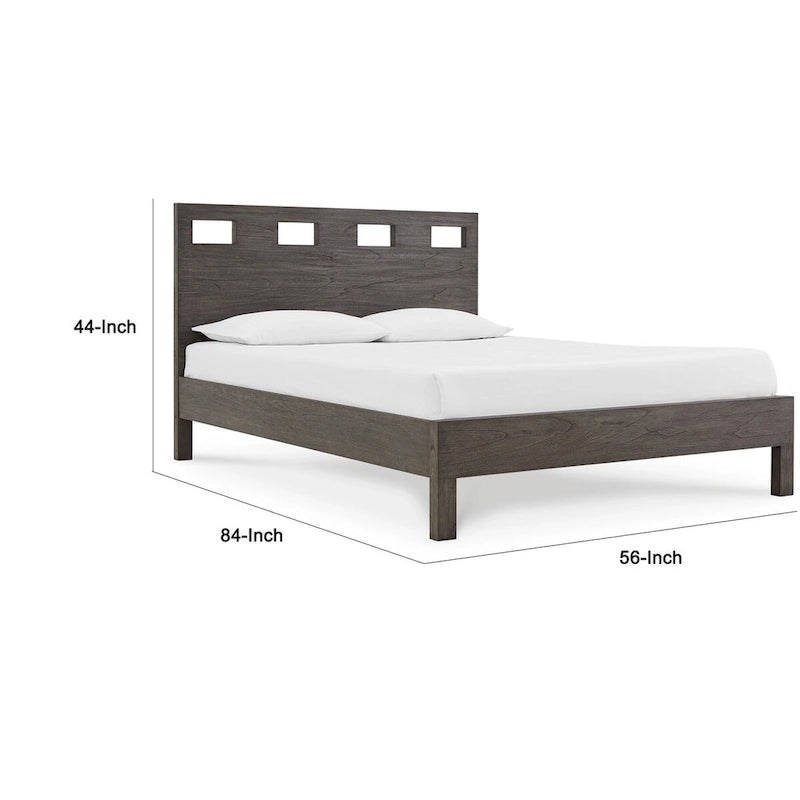 Yee Queen Bed, Gray Wood, 4 Side Drawers, Cut Out Headboard Design