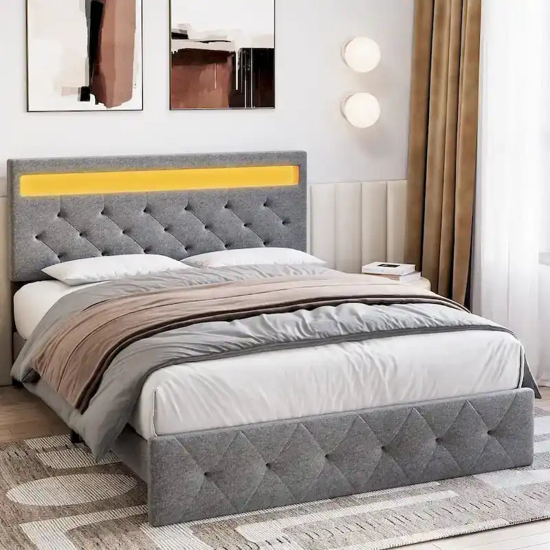 Bed Frame with LED Lights Headboard