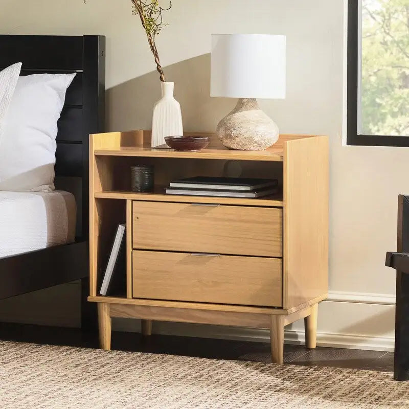 Mid-Century Modern Solid Wood 2-Drawer Gallery Nightstand