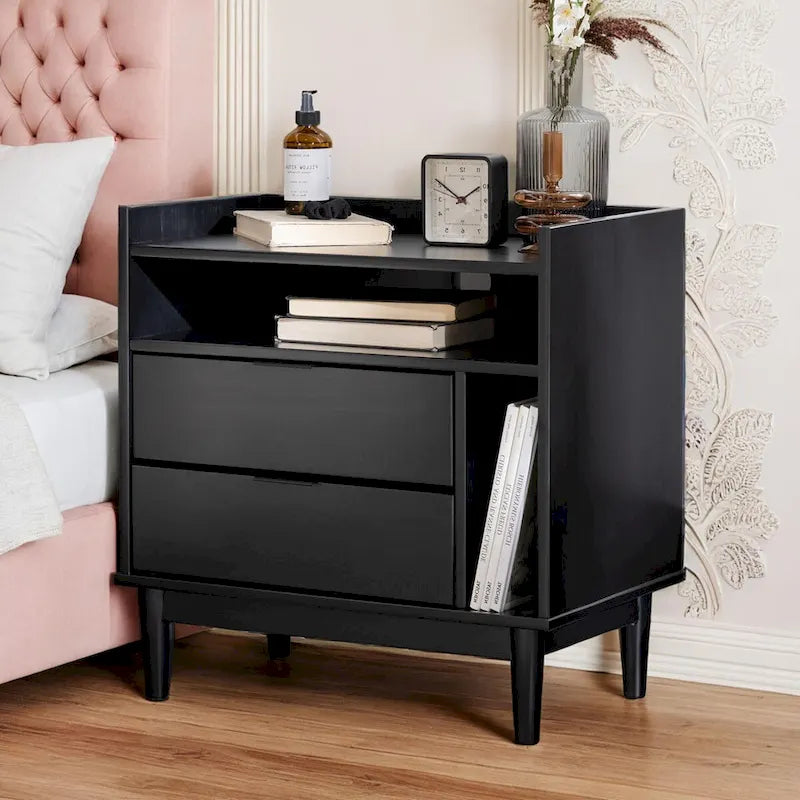 Mid-Century Modern Solid Wood 2-Drawer Gallery Nightstand