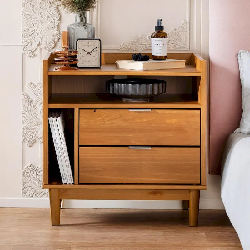 Mid-Century Modern Solid Wood 2-Drawer Gallery Nightstand