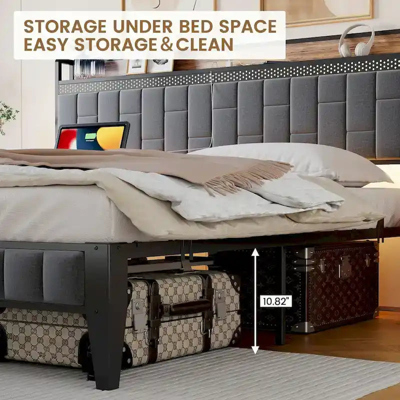 Bed Frame with LED Light and Storage Headboard