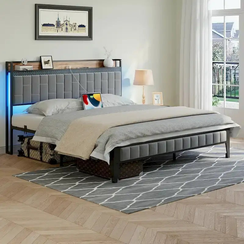 Bed Frame with LED Light and Storage Headboard