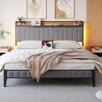 Bed Frame with LED Light and Storage Headboard